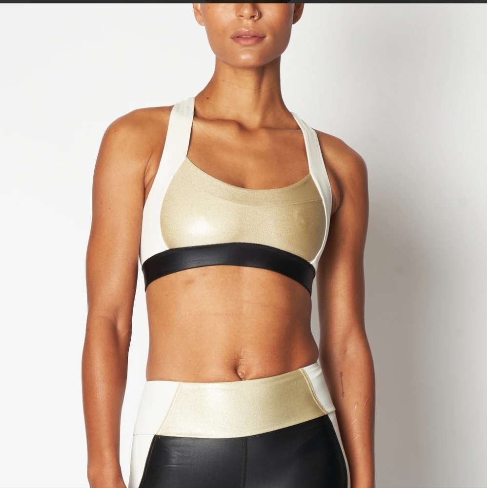 HEROINE SPORT High Impact Racerback Sports Bra Ivory Black Gold Medium
